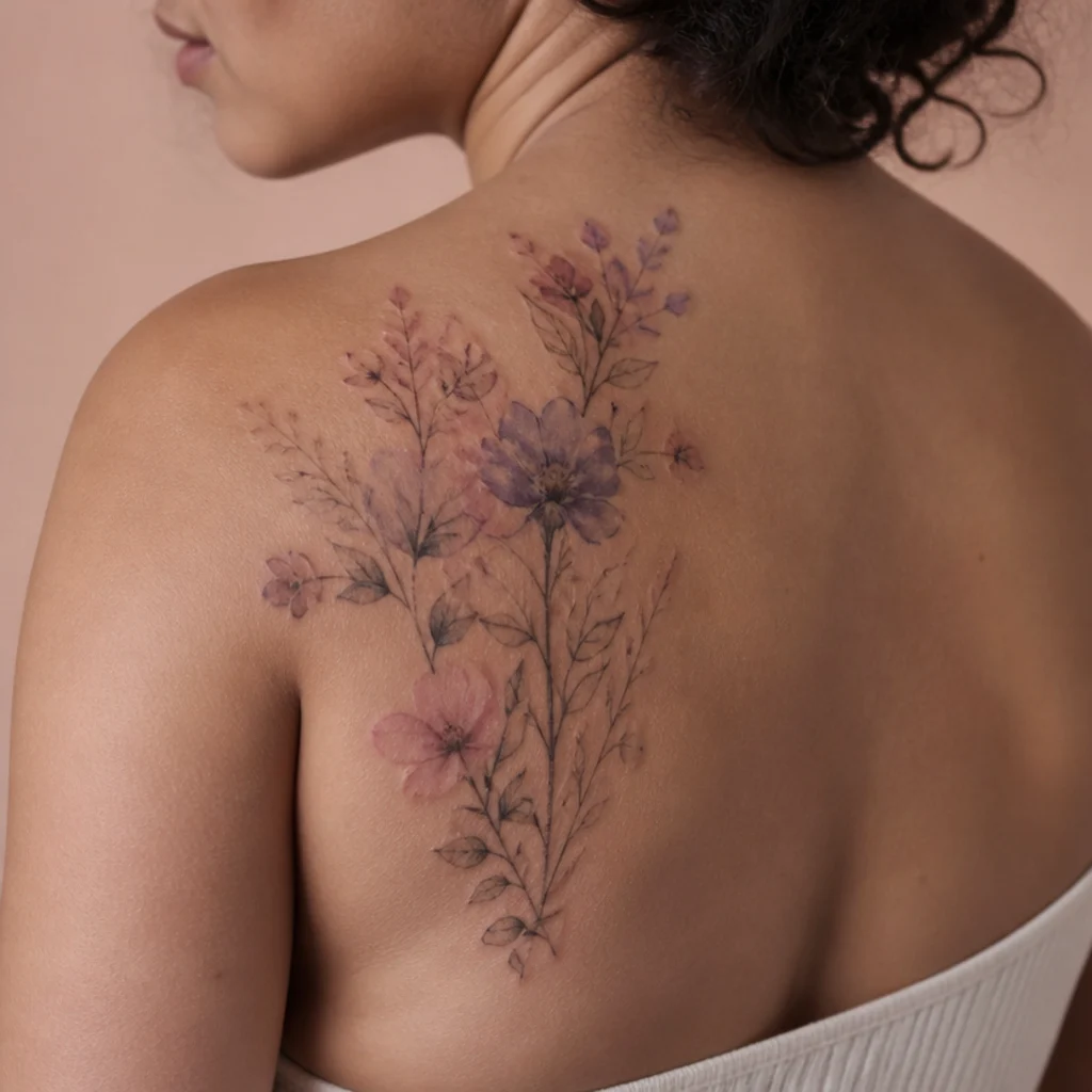 Watercolor wildflower cover up tattoo in blush, violet, and teal washes drifting across a woman's shoulder blade