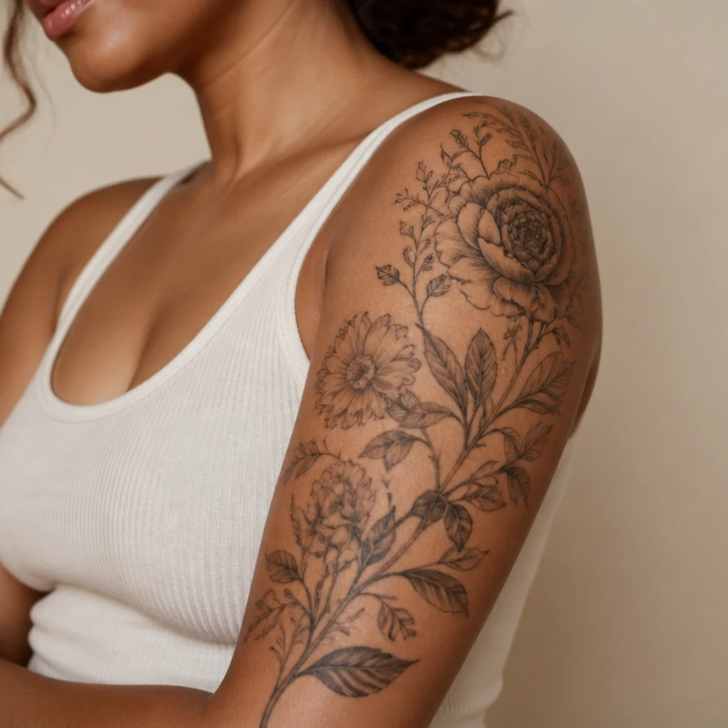 Botanical half-sleeve cover up tattoo blending leaves, stems, and focal blooms flowing down a woman's arm