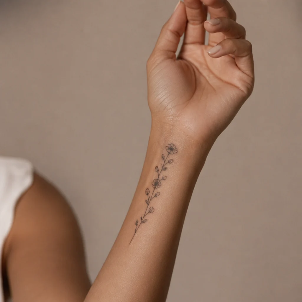 Delicate floral cover up tattoo transforming old lettering into a winding vine of small blossoms on a woman's wrist
