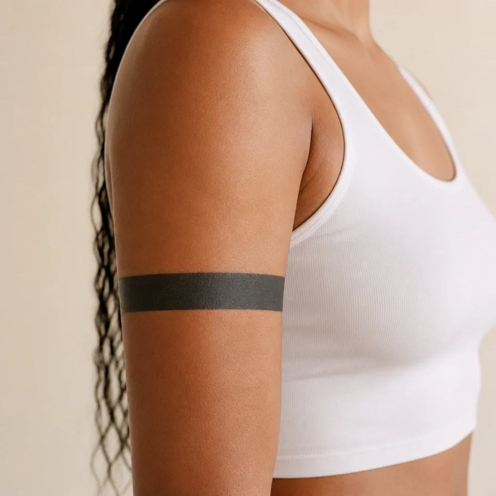 Solid blackout band cover up tattoo wrapping a woman's upper arm in even matte black ink