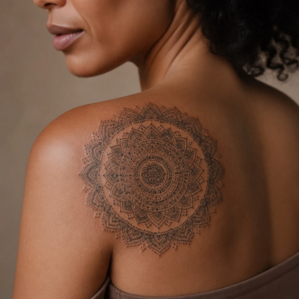 Ornamental mandala cover up tattoo with fine dotwork and layered rings settling over an old design on a woman's shoulder