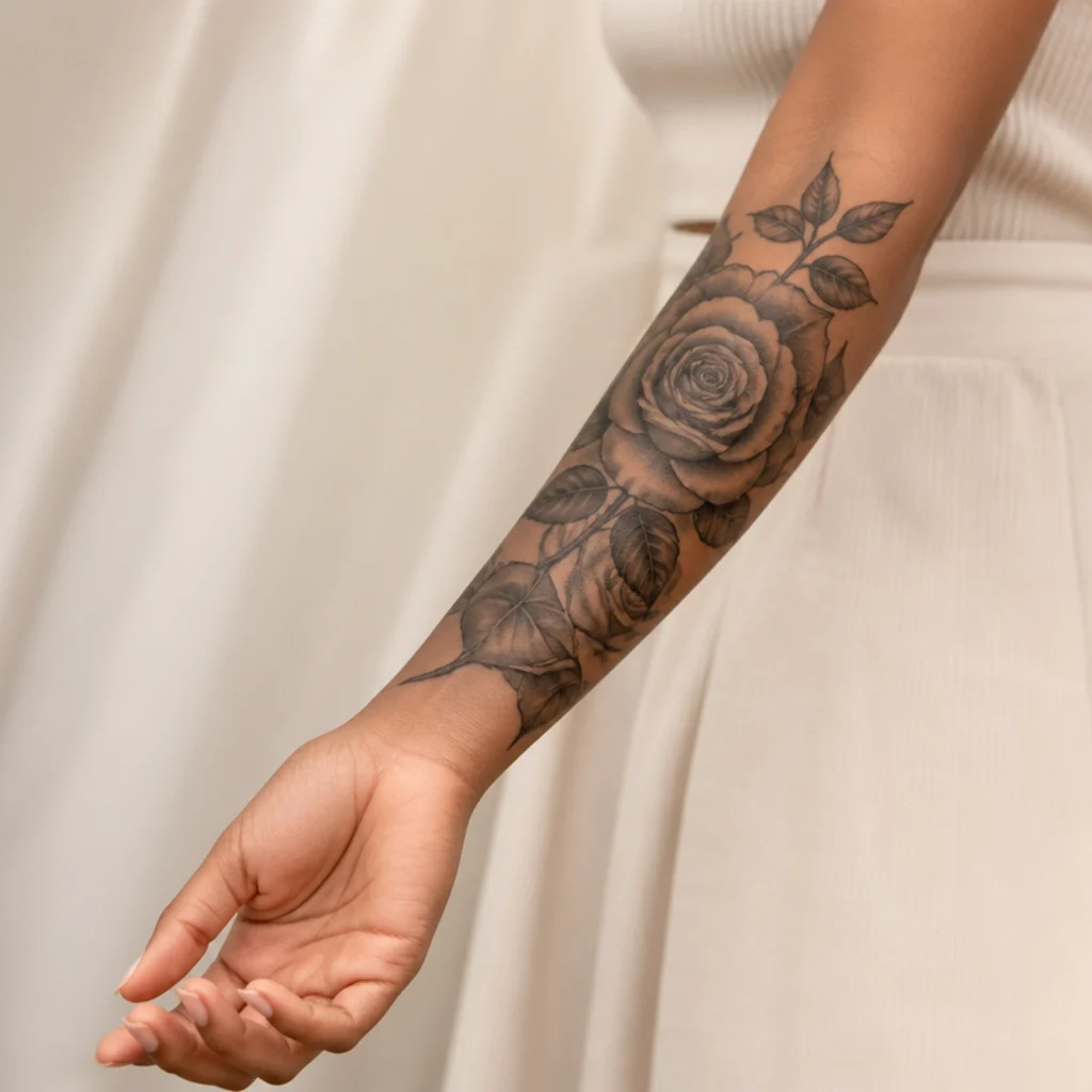 Rose cover up tattoo with deep black-and-grey shadow leaves wrapping the bloom on a woman's forearm