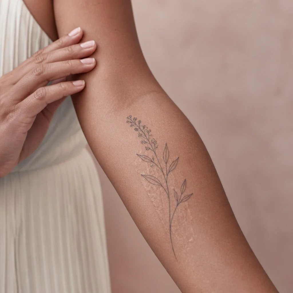 Fine-line botanical cover up tattoo tracing delicately alongside a fully healed scar on a woman's forearm