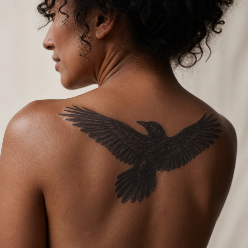 Dark raven silhouette cover up tattoo in near-solid black with subtle feather texture on a woman's shoulder blade