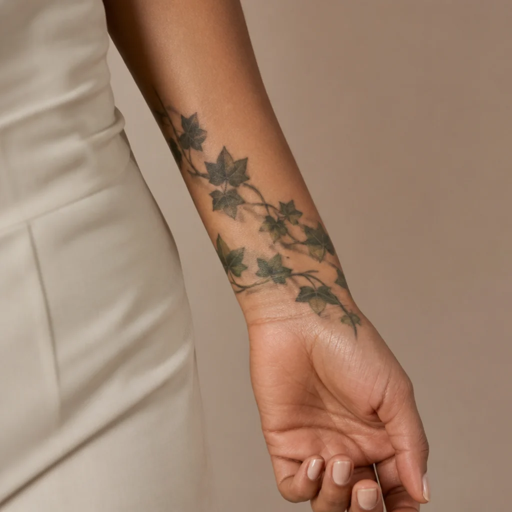 Trailing ivy cover up tattoo winding around a woman's wrist and lower forearm in deep green and black