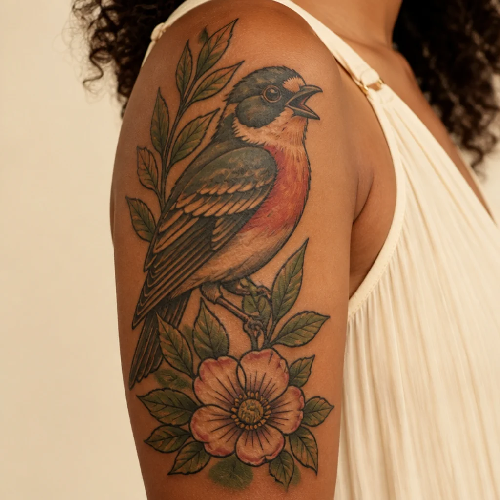 Neo-traditional songbird cover up tattoo with bold outlines and saturated color framed by blossoms on a woman's upper arm