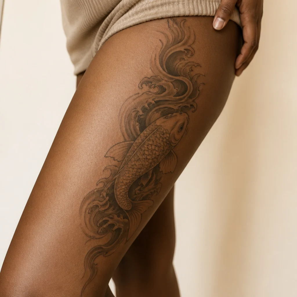 Koi fish cover up tattoo with flowing black-and-grey water ribbons swirling around the fish on a woman's thigh