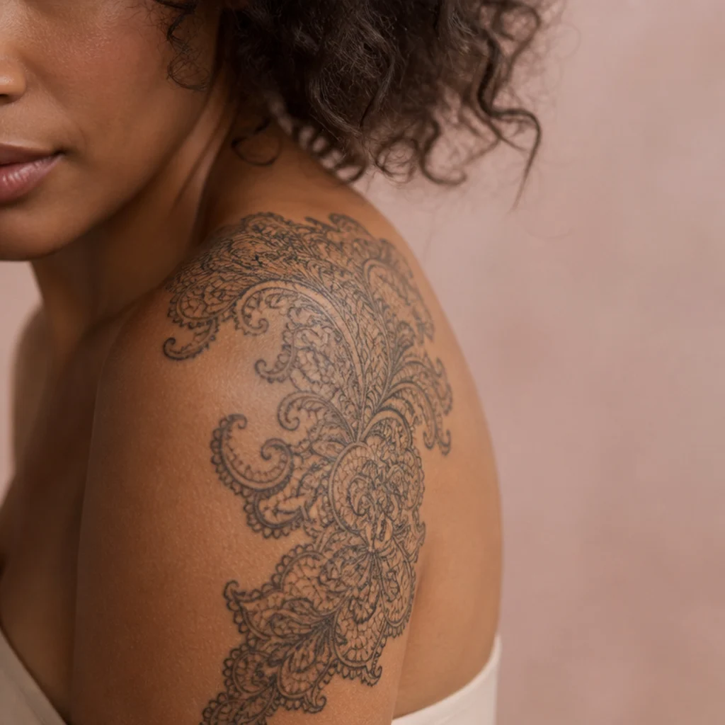 Lace filigree cover up tattoo with delicate repeating black scrollwork spread across a woman's shoulder