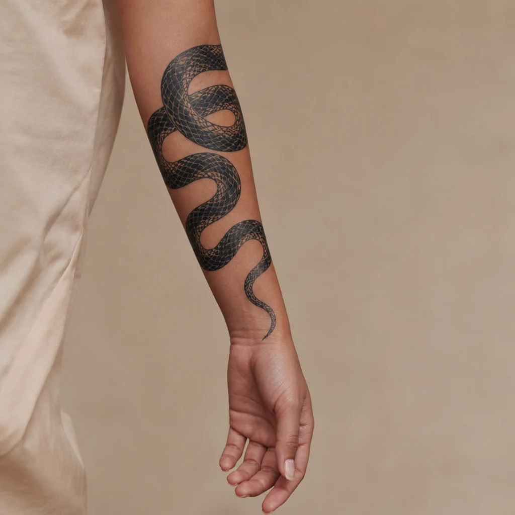 Blackwork snake cover up tattoo coiling down a woman's forearm in solid black with patterned scales