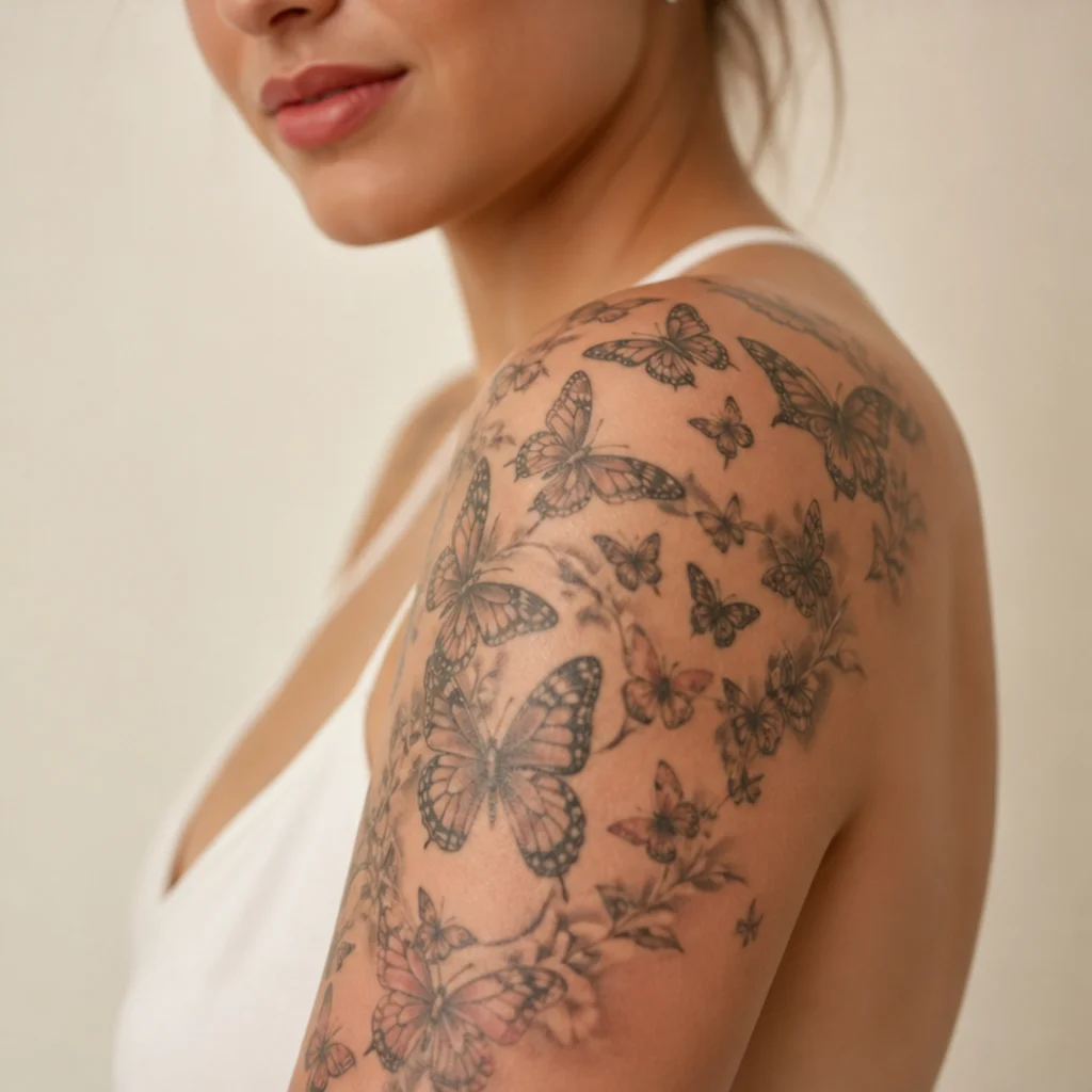 Soft butterfly cover up tattoo swarm in muted black and blush tones drifting across a woman's shoulder
