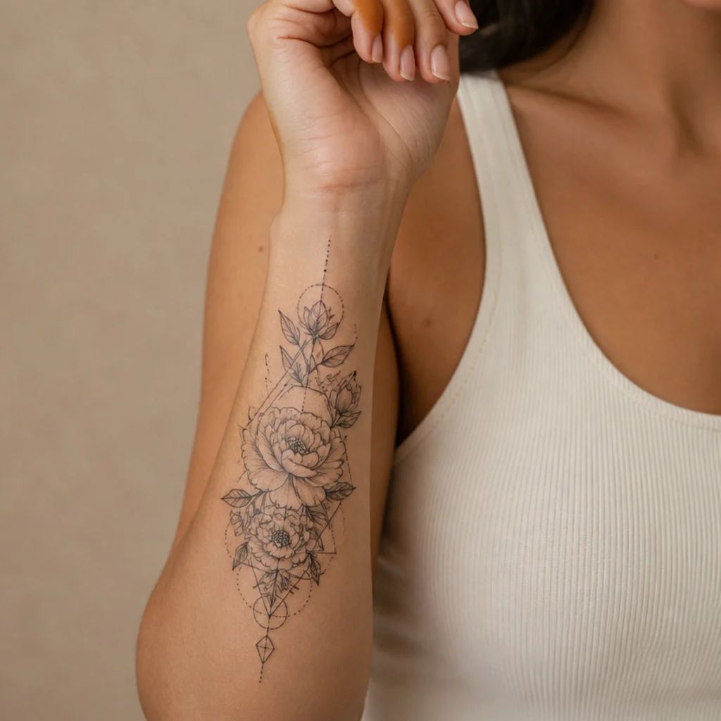 Geometric blossom cover up tattoo pairing fine-line florals with clean geometric framing and dot shading on a woman's forearm
