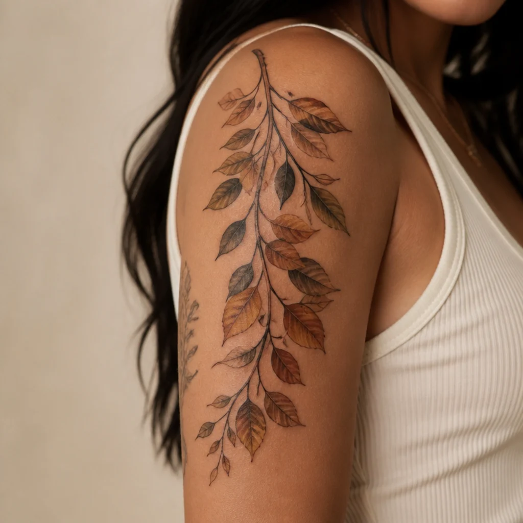 Autumn branch cover up tattoo with clustered leaves draping in warm amber and rust tones down a woman's upper arm