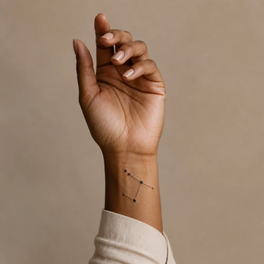 Small constellation cover up tattoo with connected stars and fine linework on a woman's inner wrist
