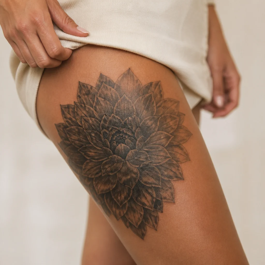 Dark dahlia cover up tattoo with dozens of layered petals in deep black and grey on a woman's thigh
