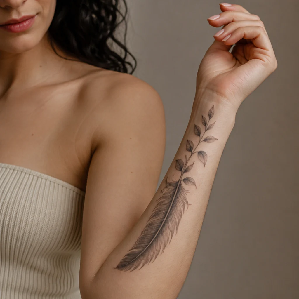 Feather cover up tattoo with dense barbs blending into a trailing black-and-grey vine on a woman's forearm