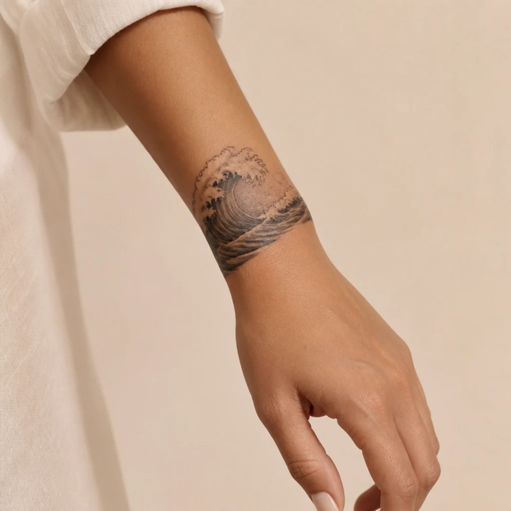 Ocean wave cover up tattoo forming a cuff of curling black-and-grey water around a woman's wrist
