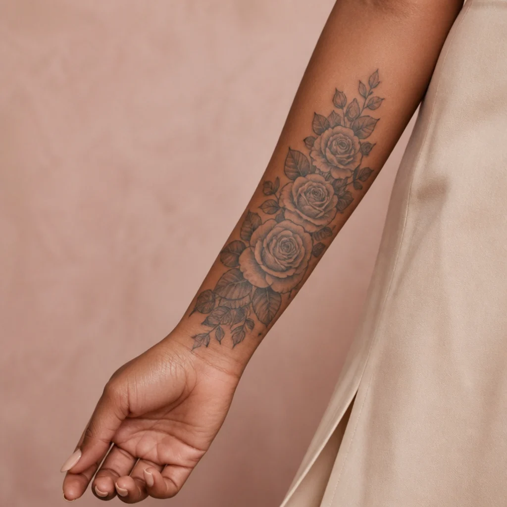 Floral cover up tattoo transforming bold old lettering into a dense cluster of roses on a woman's forearm