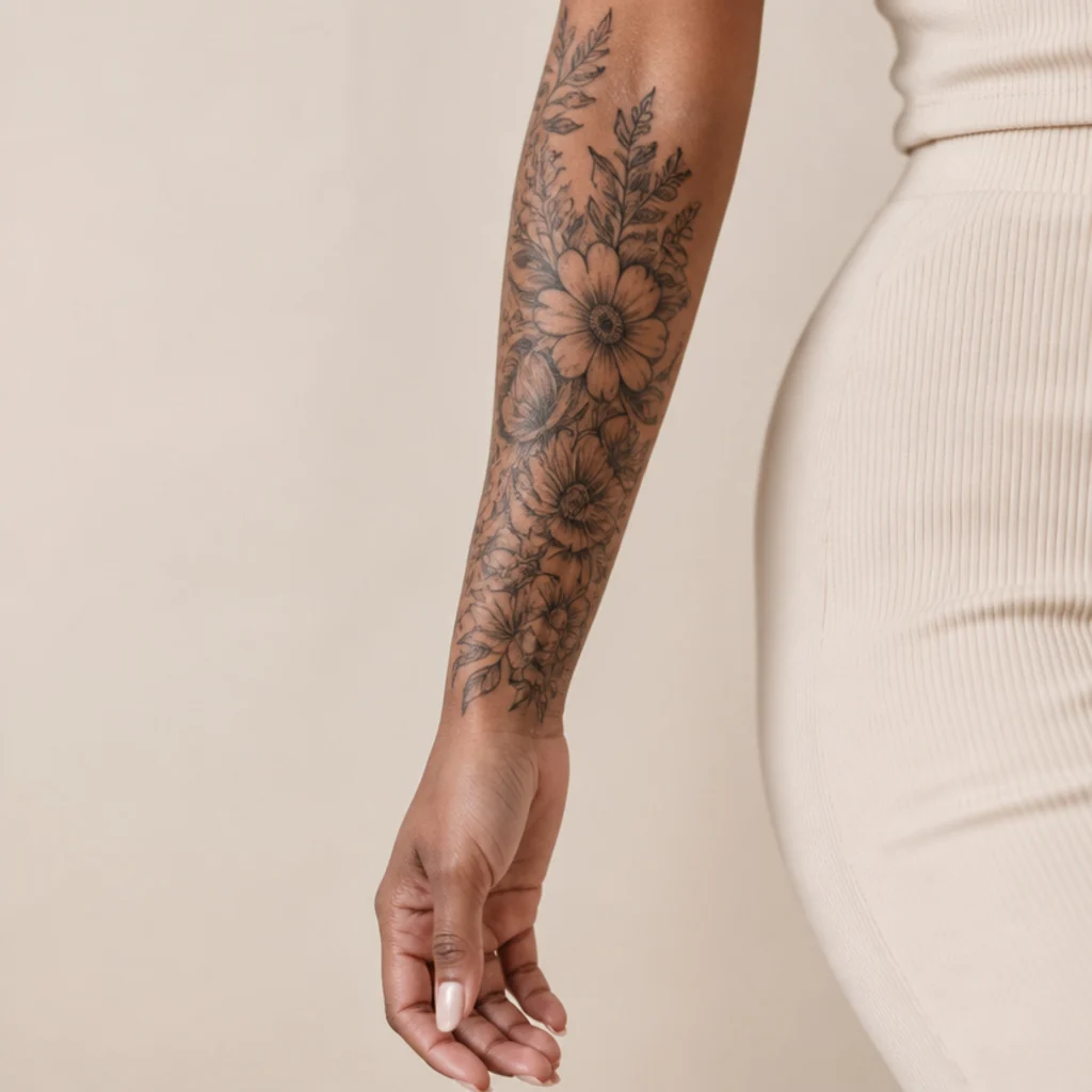 Full forearm garden cover up tattoo with mixed flowers, buds, and foliage wrapping a woman's arm