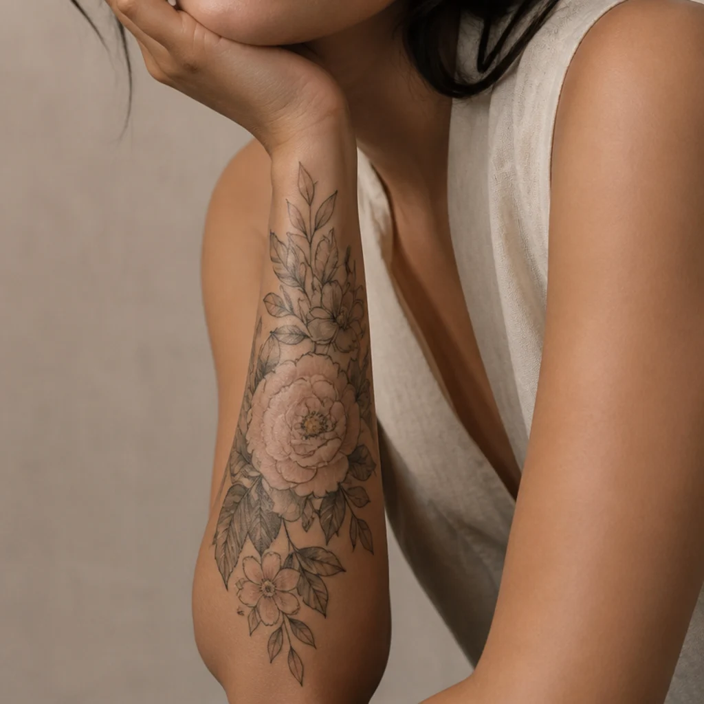 Woman's forearm showing a layered floral cover up tattoo in soft black and blush ink, editorial studio lighting