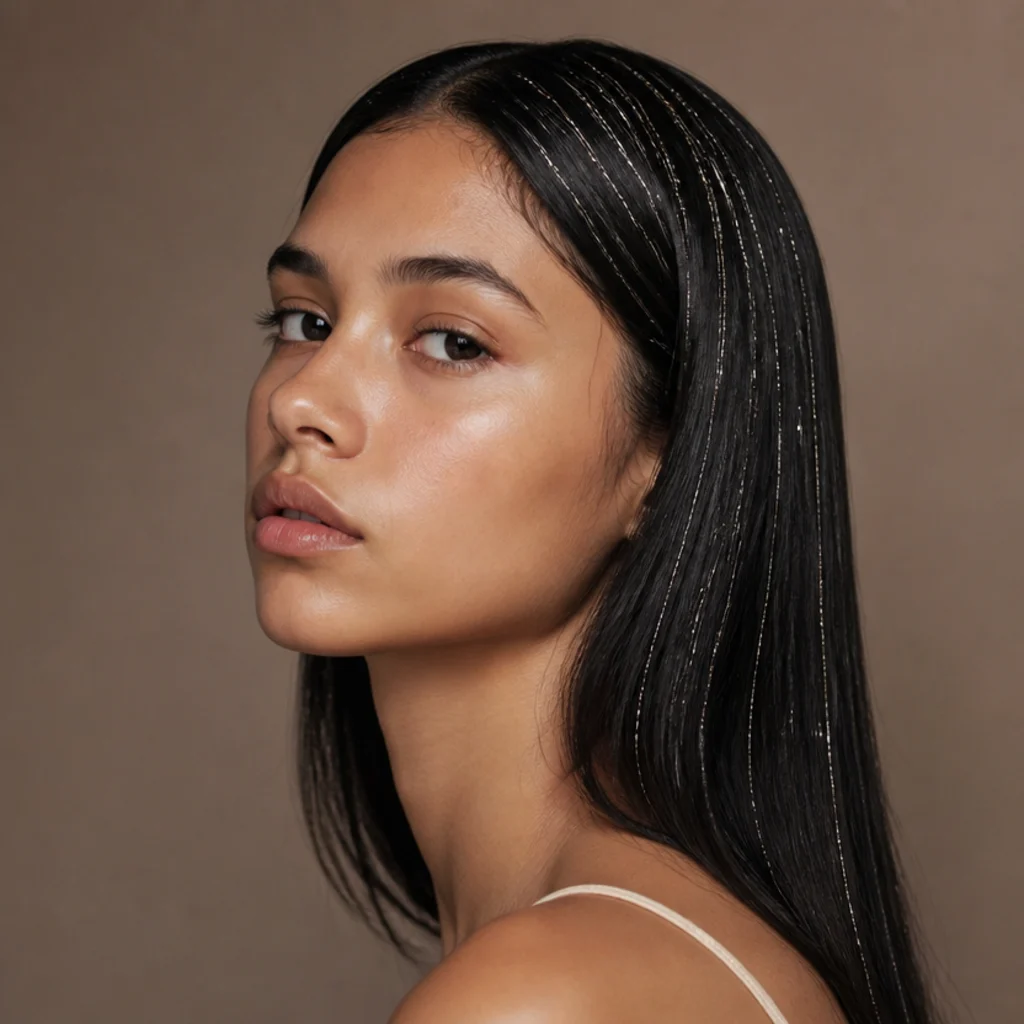 Three-quarter view of jet-black straight hair with fine silver tinsel strands catching cool light near the crown and part