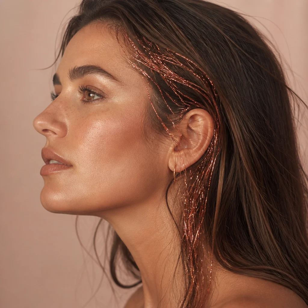Side profile of warm brunette hair with rose-gold tinsel strands blending softly along the temple and cheekbone