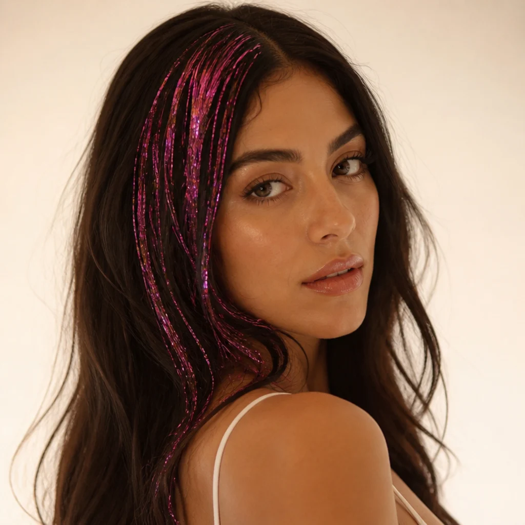 Three-quarter view of dark hair with vivid bubblegum pink hair tinsel clustered in a single face-framing panel