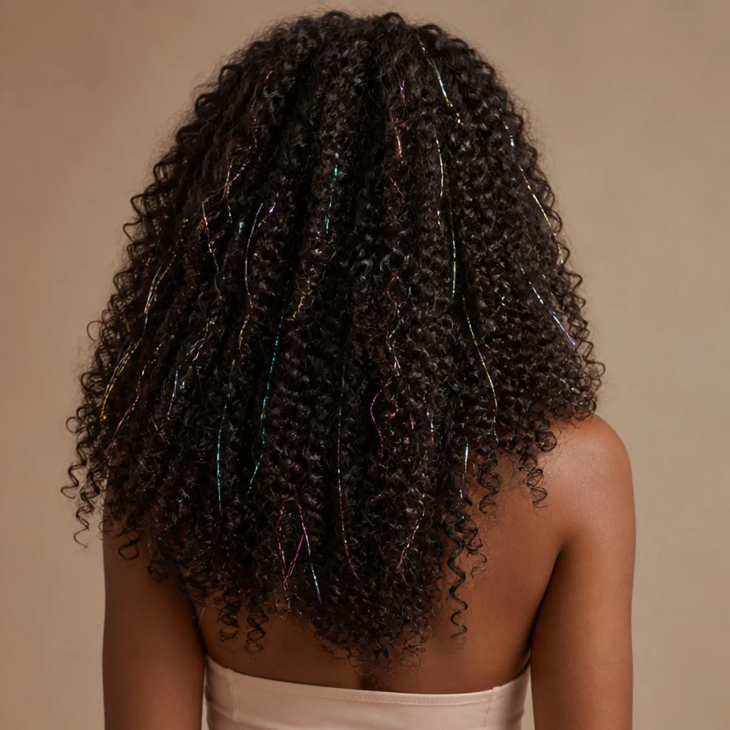 Back view of voluminous natural curls with iridescent curly hair tinsel scattered so it peeks out between the coils