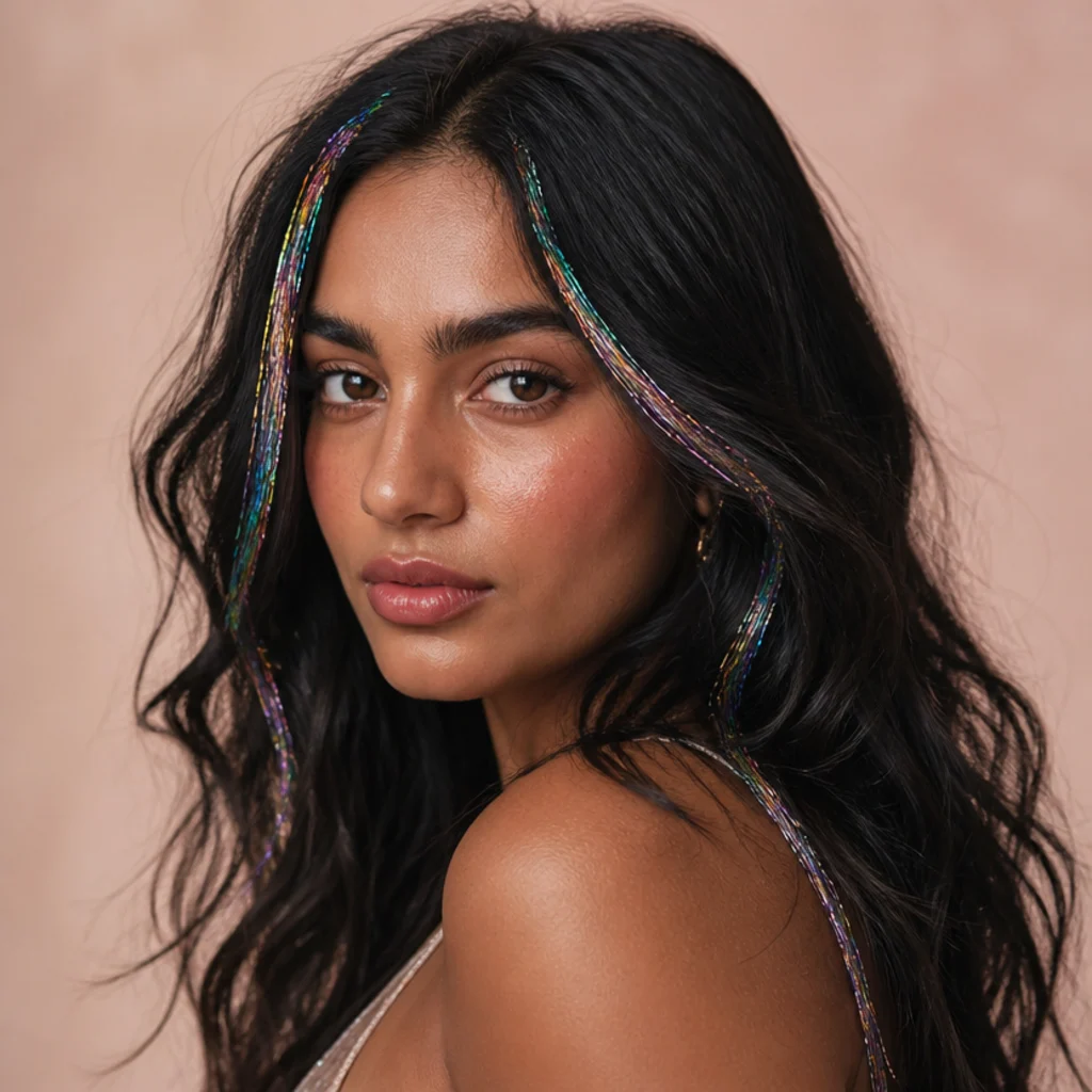 Three-quarter portrait of a model with iridescent rainbow tinsel framing the face against dark waves near the cheekbones