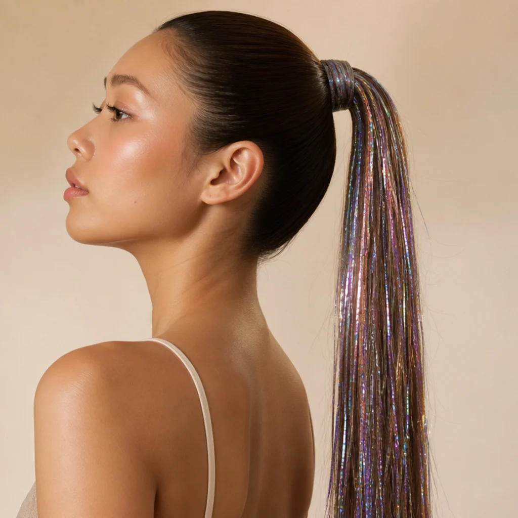 Side view of a sleek high ponytail with holographic tinsel strands woven through the length and swinging free