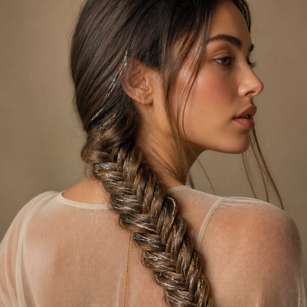 Close three-quarter view of a fishtail braid with silver and gold tinsel woven between the overlapping sections