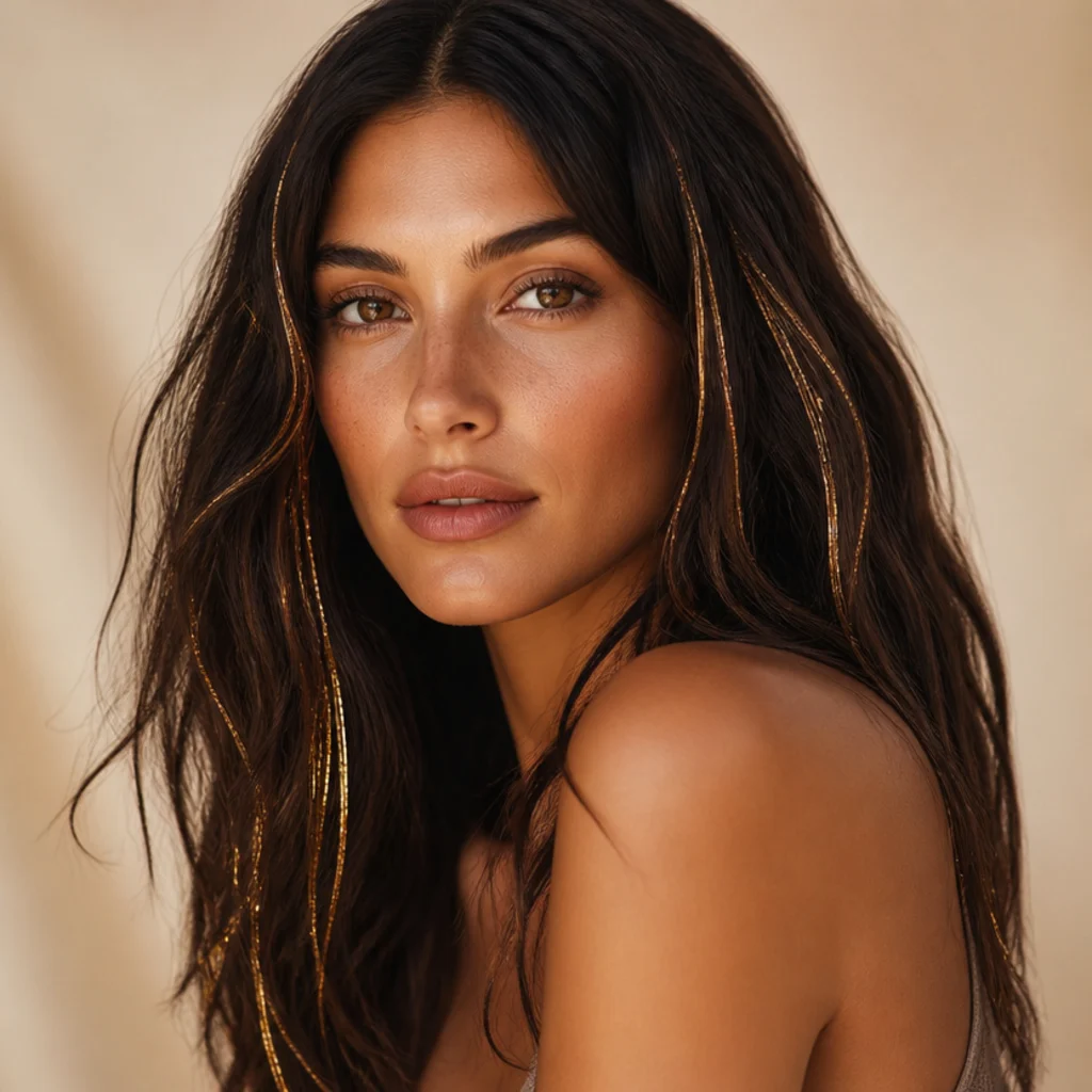 Three-quarter view of deep brunette hair with warm golden tinsel strands glowing near the ends and layers