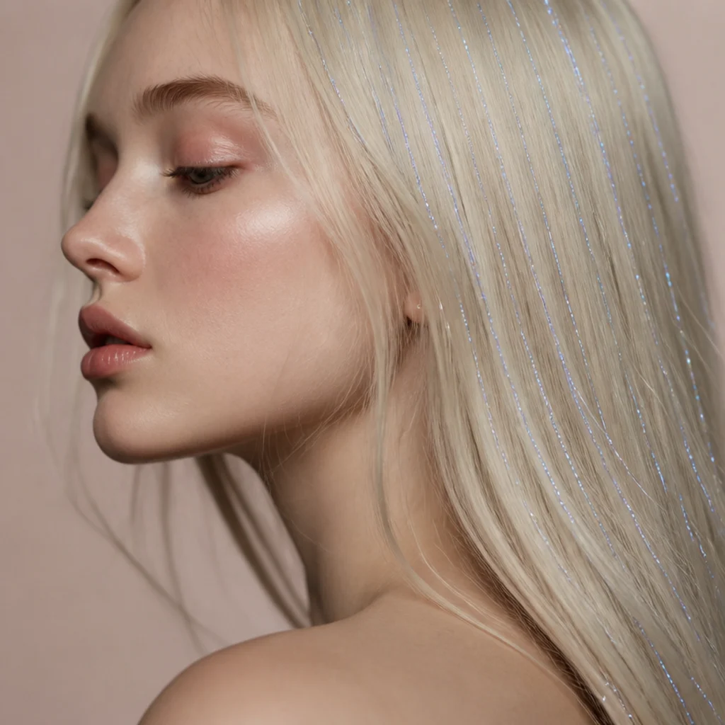 Side profile of platinum blonde hair with icy blue tinsel strands blending into the cool tone for a frosted sheen