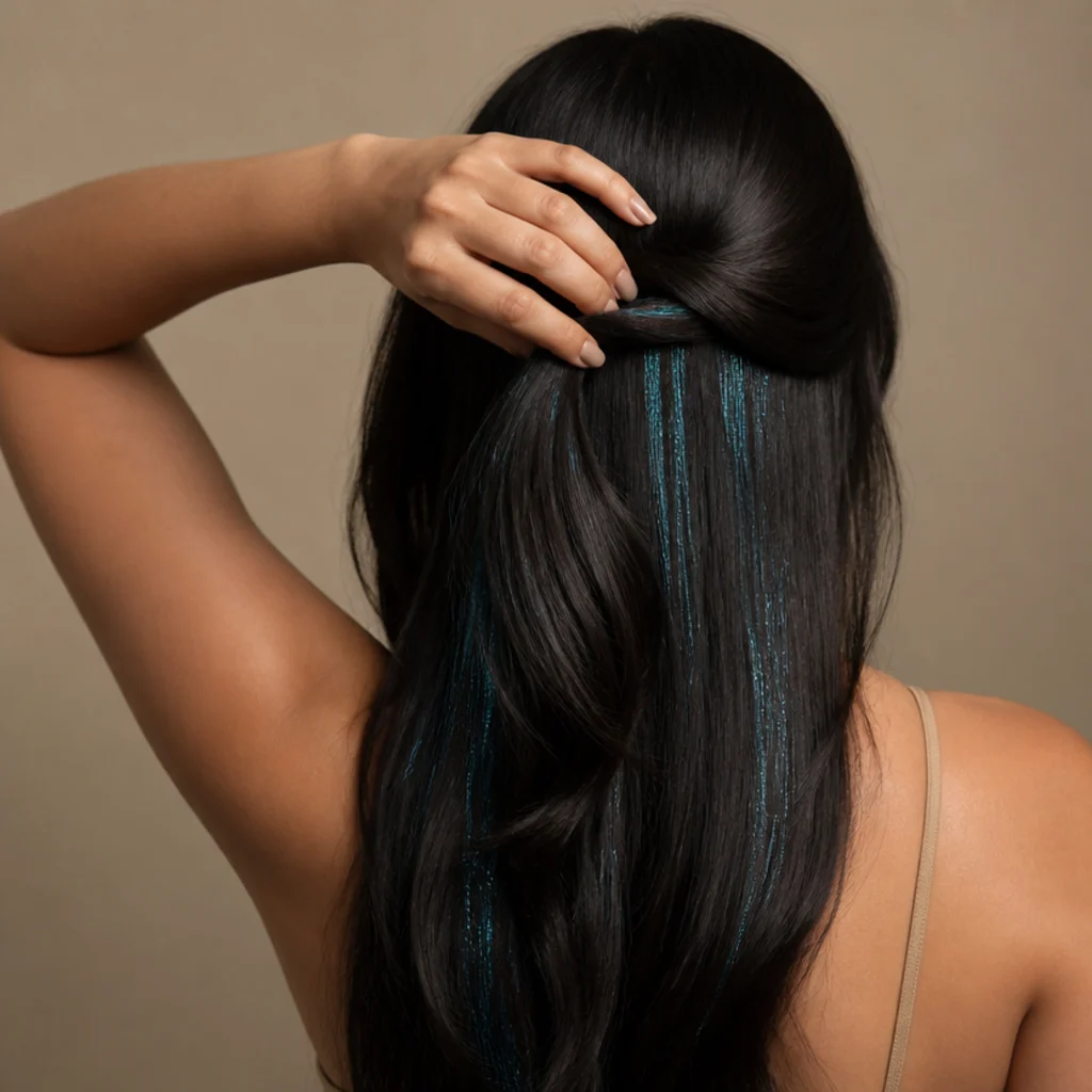 Back view of dark hair lifted to reveal a hidden panel of teal tinsel tucked underneath the top layer