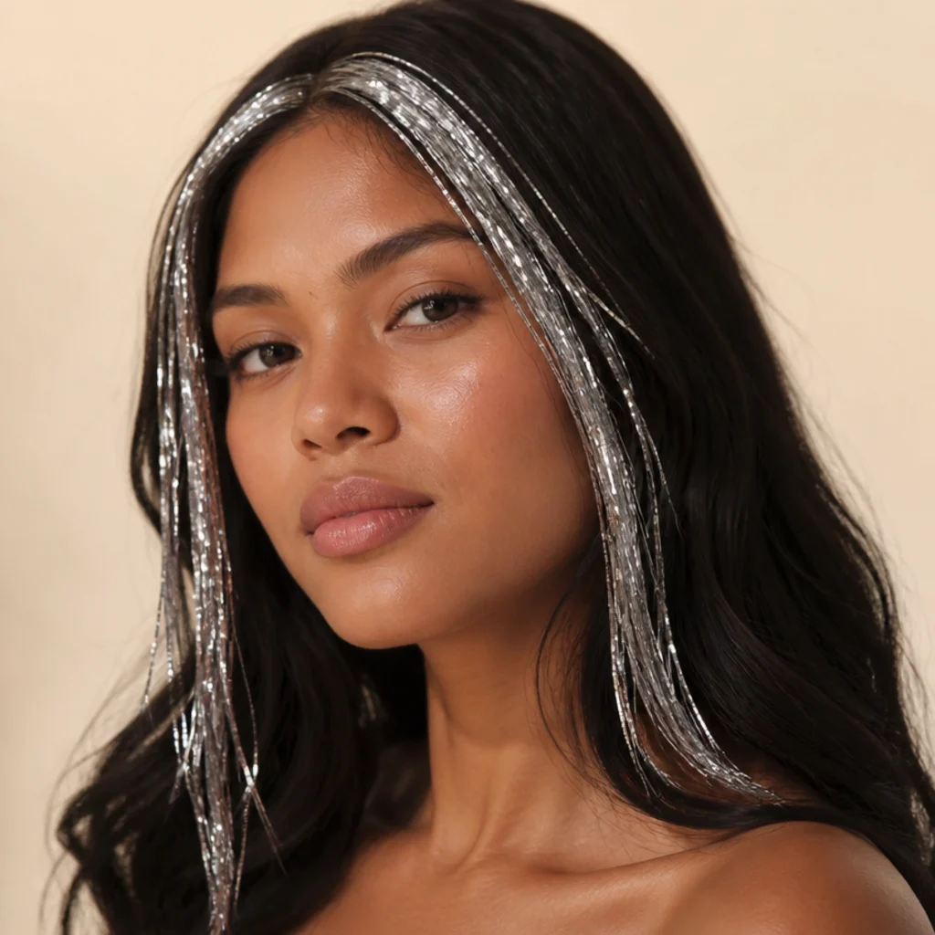 Three-quarter portrait of dark hair with bright silver tinsel concentrated in the two front money-piece sections