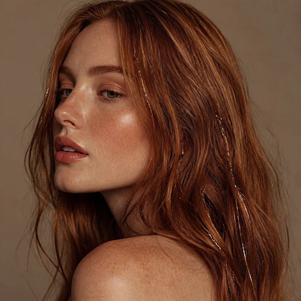 Side view of natural red hair with copper tinsel strands enhancing the warm coppery shine throughout