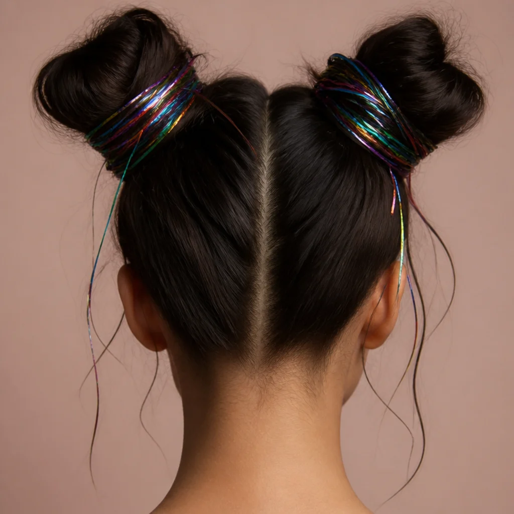 Back view of two high space buns with rainbow tinsel wrapped around the base and trailing from each bun