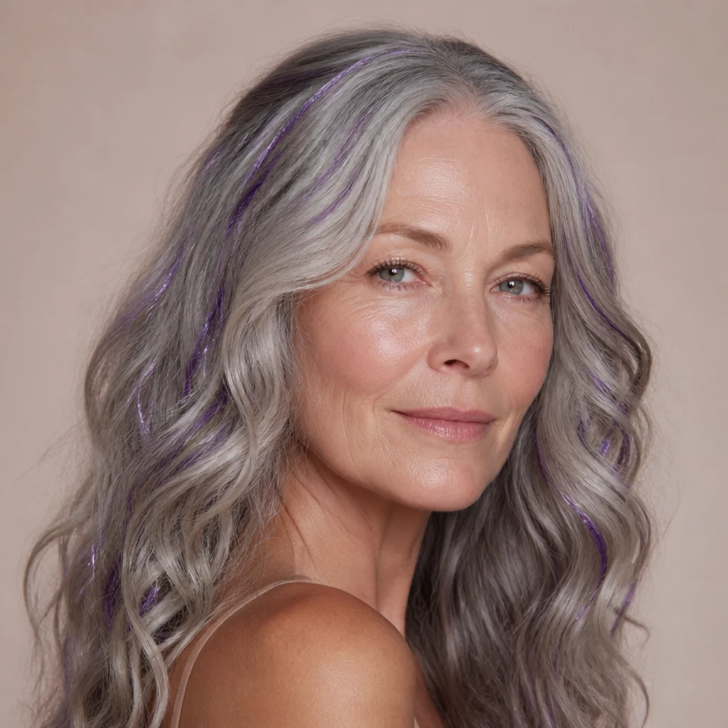 Three-quarter view of natural silver-gray hair with violet purple tinsel strands adding a cool jewel tone