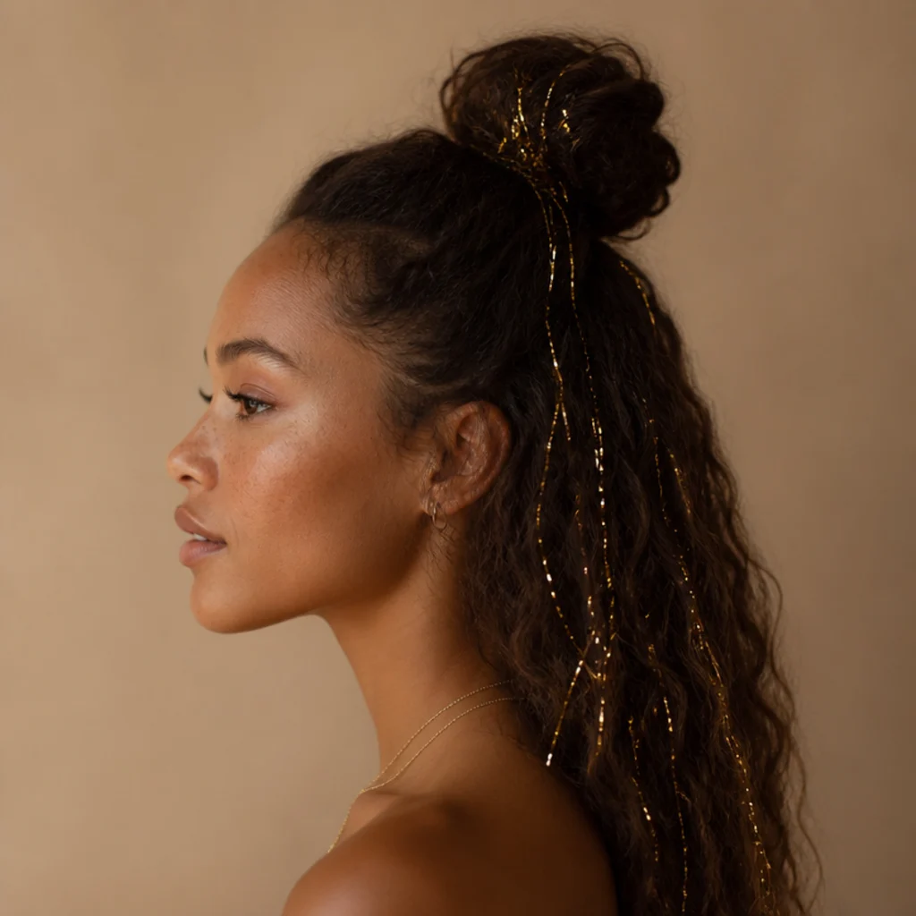 Side view of a half-up top knot with gold tinsel strands gathered in the knot and falling into loose lengths below