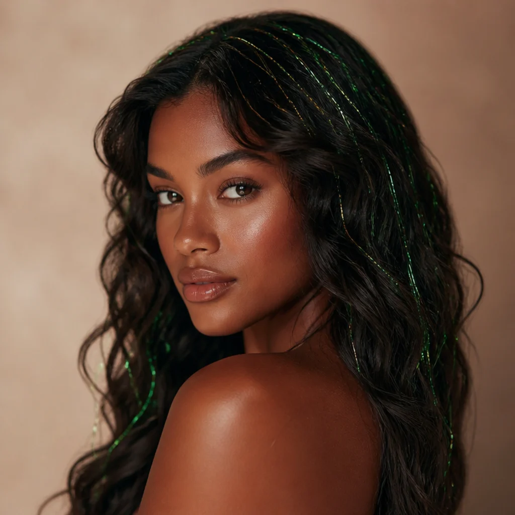 Three-quarter portrait of dark waves with deep emerald green tinsel strands styled for a festive winter look