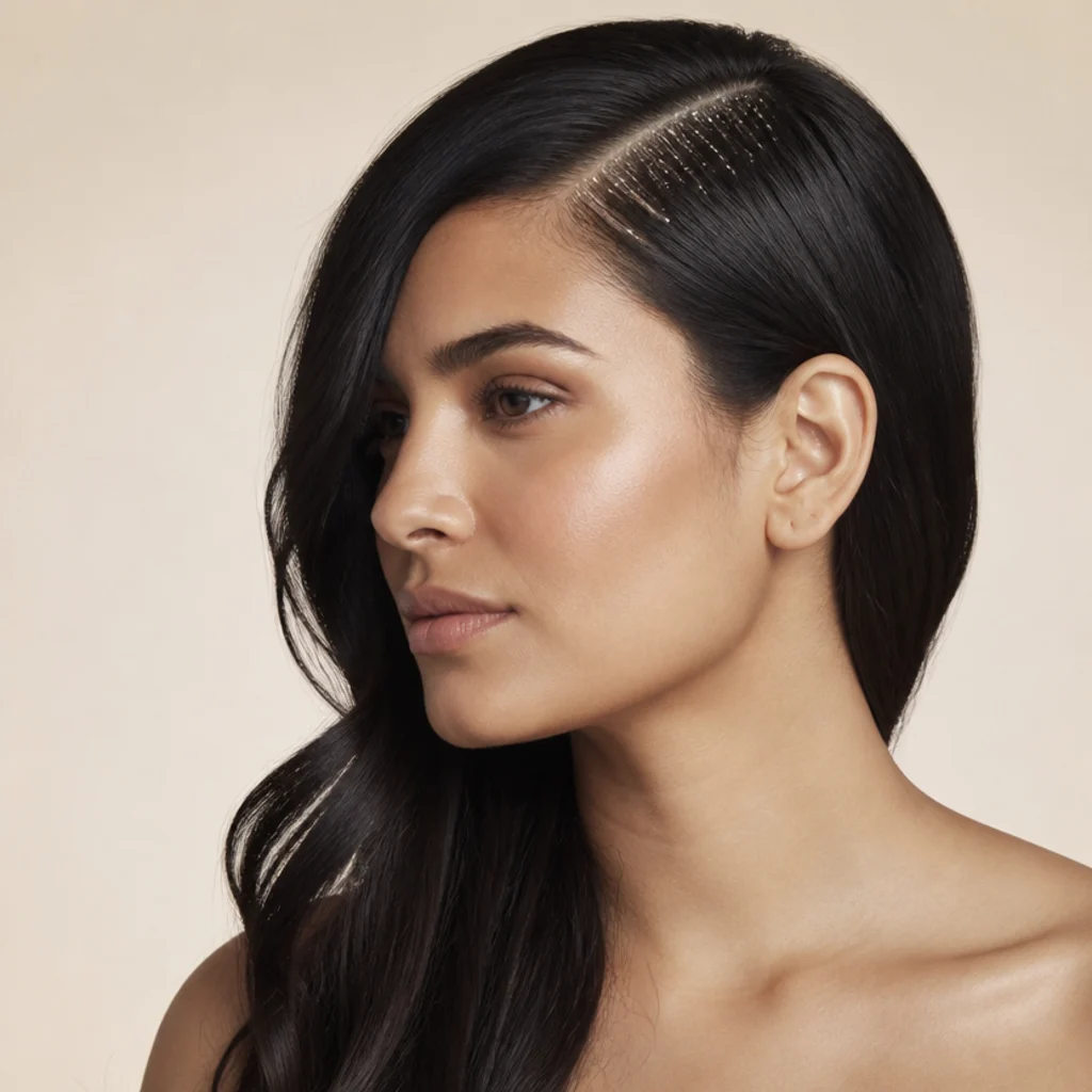 Side view of straight dark hair with silver tinsel lining a dramatic deep side part and the fuller sweep