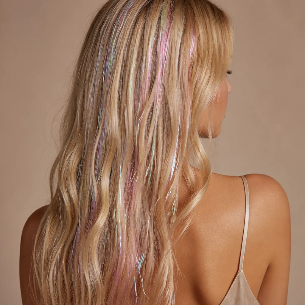 Back view of light blonde hair with a soft blend of pastel pink, lavender, and mint tinsel strands through the lengths