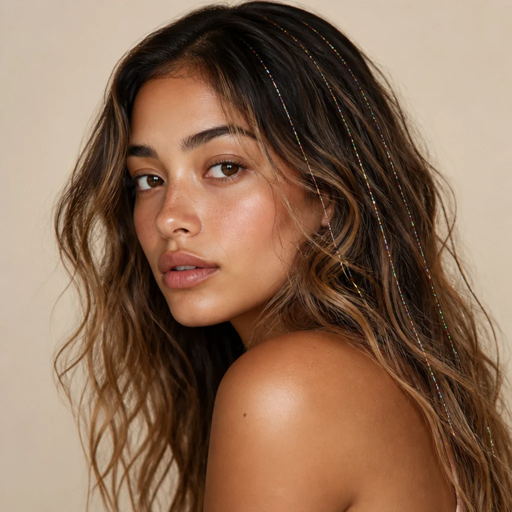 Three-quarter view of tousled beach waves with gold and iridescent tinsel woven through effortless texture