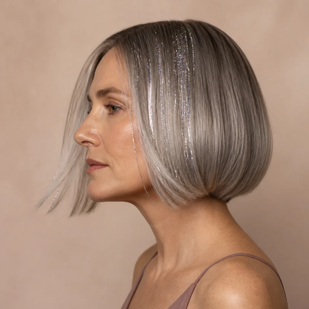 Side profile of a chin-length bob with fine silver tinsel strands framing the jaw and crown