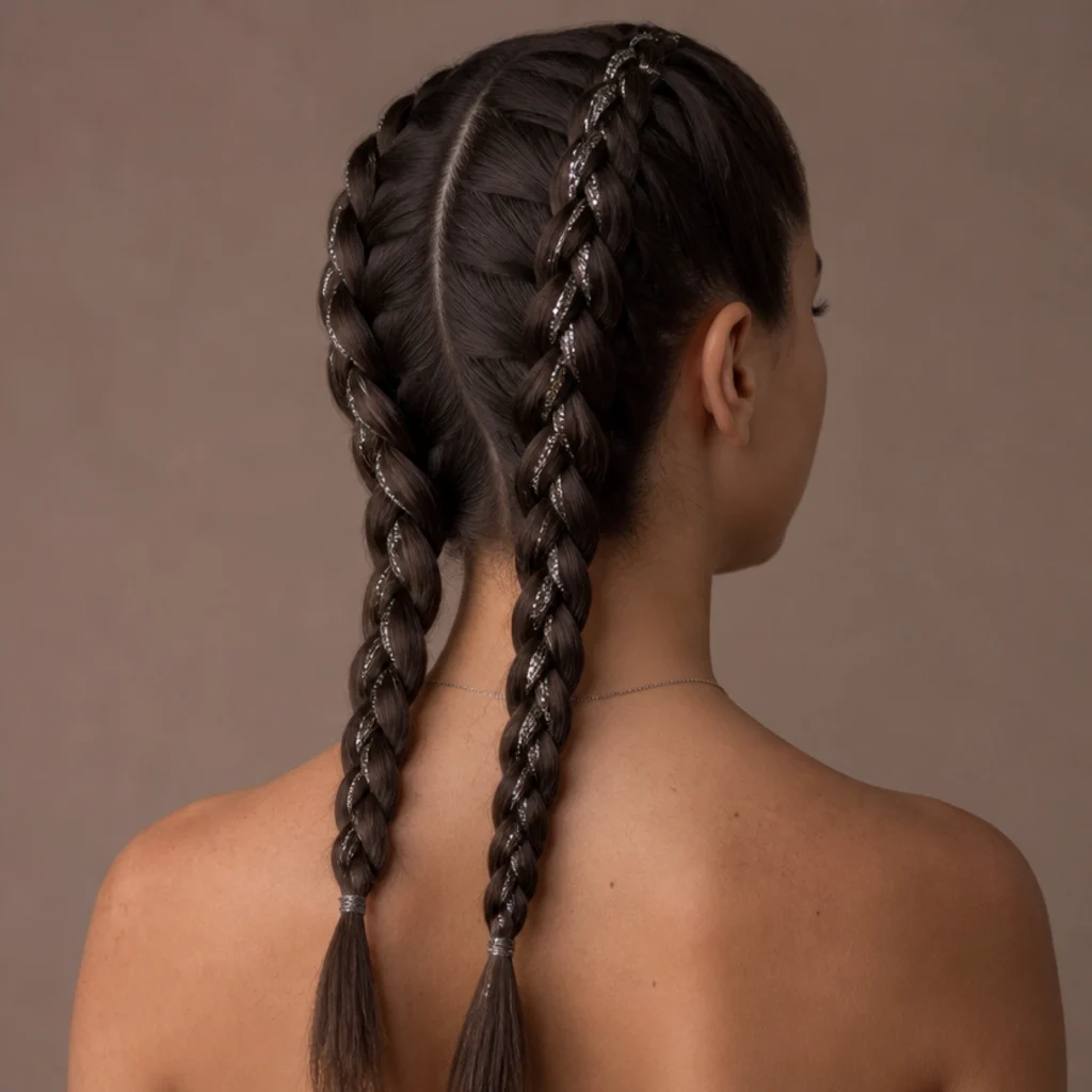 Back view of two dutch braids with silver tinsel threaded so it sits raised along each braid ridge
