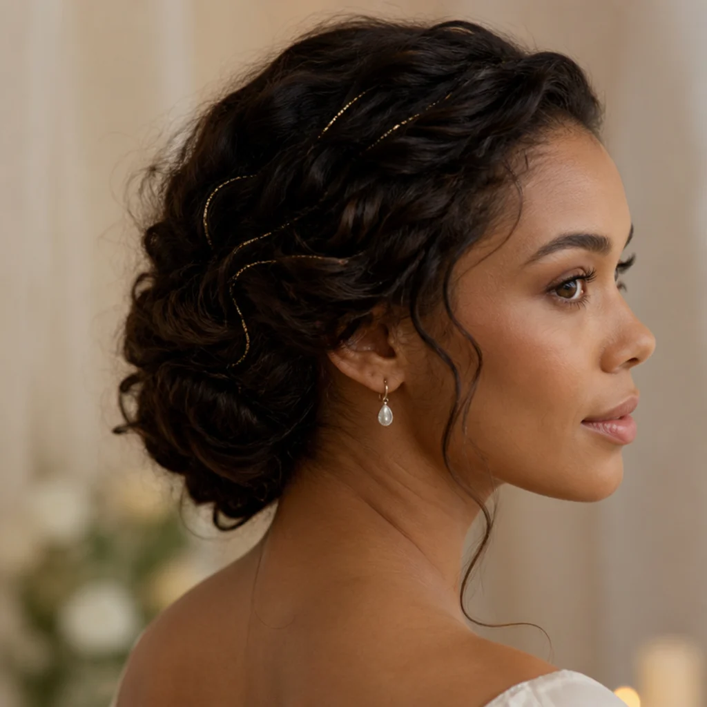 Three-quarter view of a soft bridal updo with delicate champagne tinsel woven among pinned waves and twists
