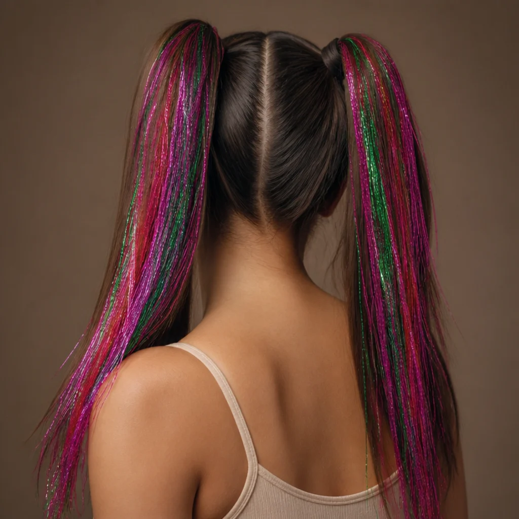 Back view of high pigtails with bright neon pink and green tinsel trailing through the lengths under bold light