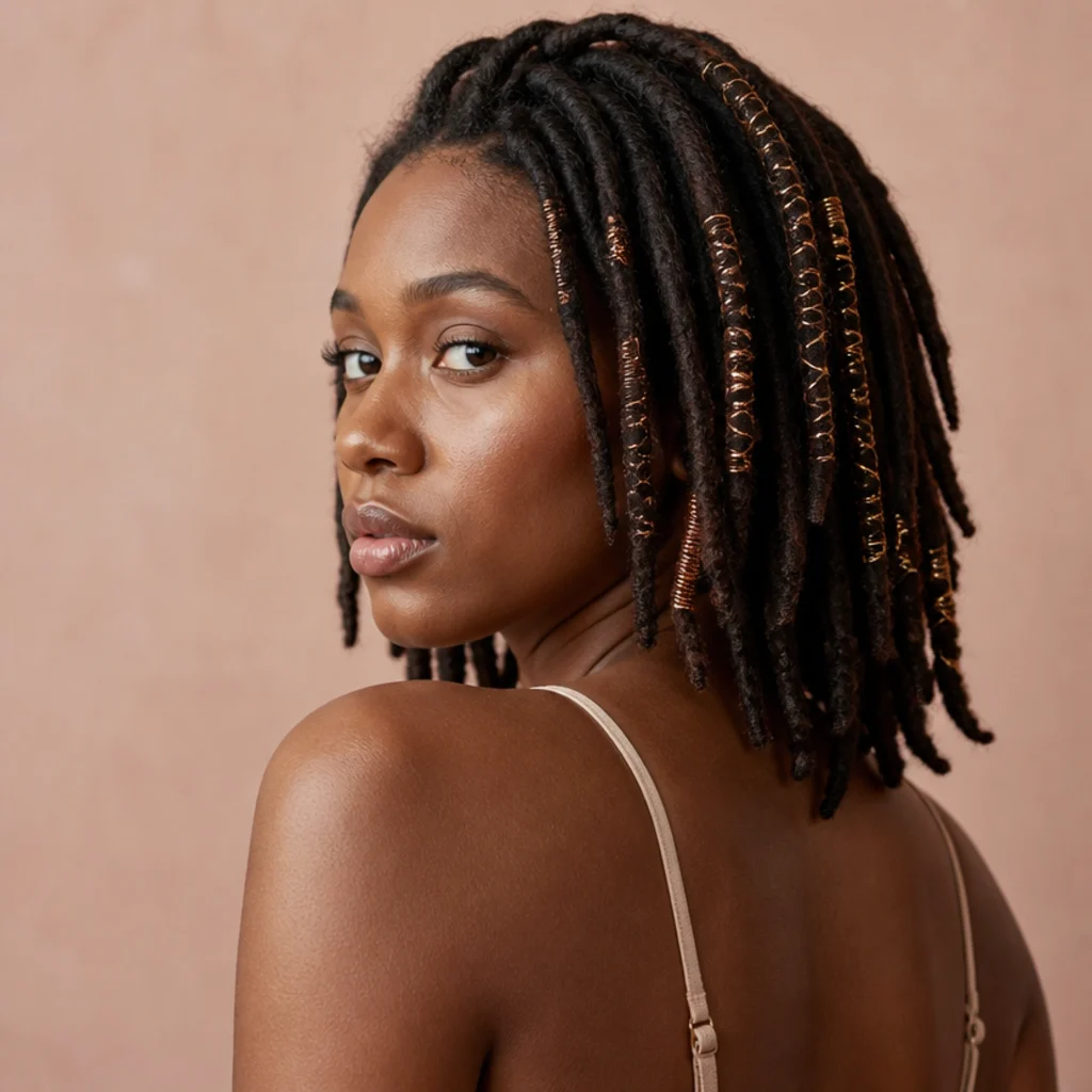 Three-quarter back view of shoulder-length locs wrapped with gold and copper tinsel along several individual locs