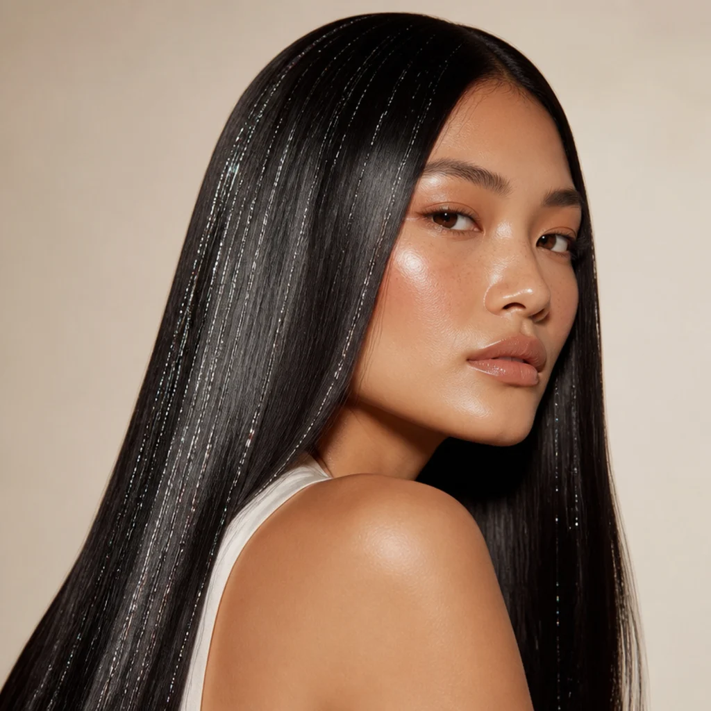 Three-quarter view of sleek straight hair with dense silver tinsel throughout for an all-over glass-hair shine