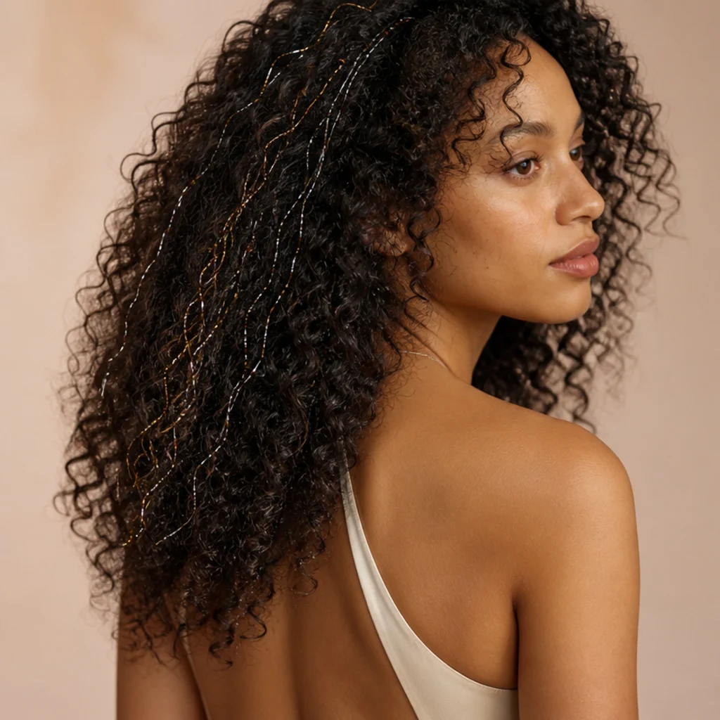Back view of a woman with dark curls threaded with shimmering silver and rose hair tinsel under soft studio light