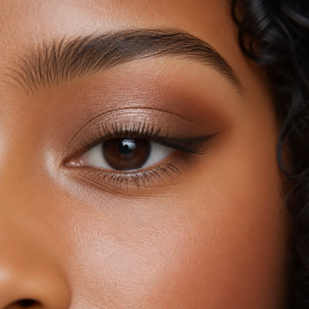 Close crop of an almond eye with a satin champagne lid, medium taupe crease and deeper espresso outer corner blended up and outward